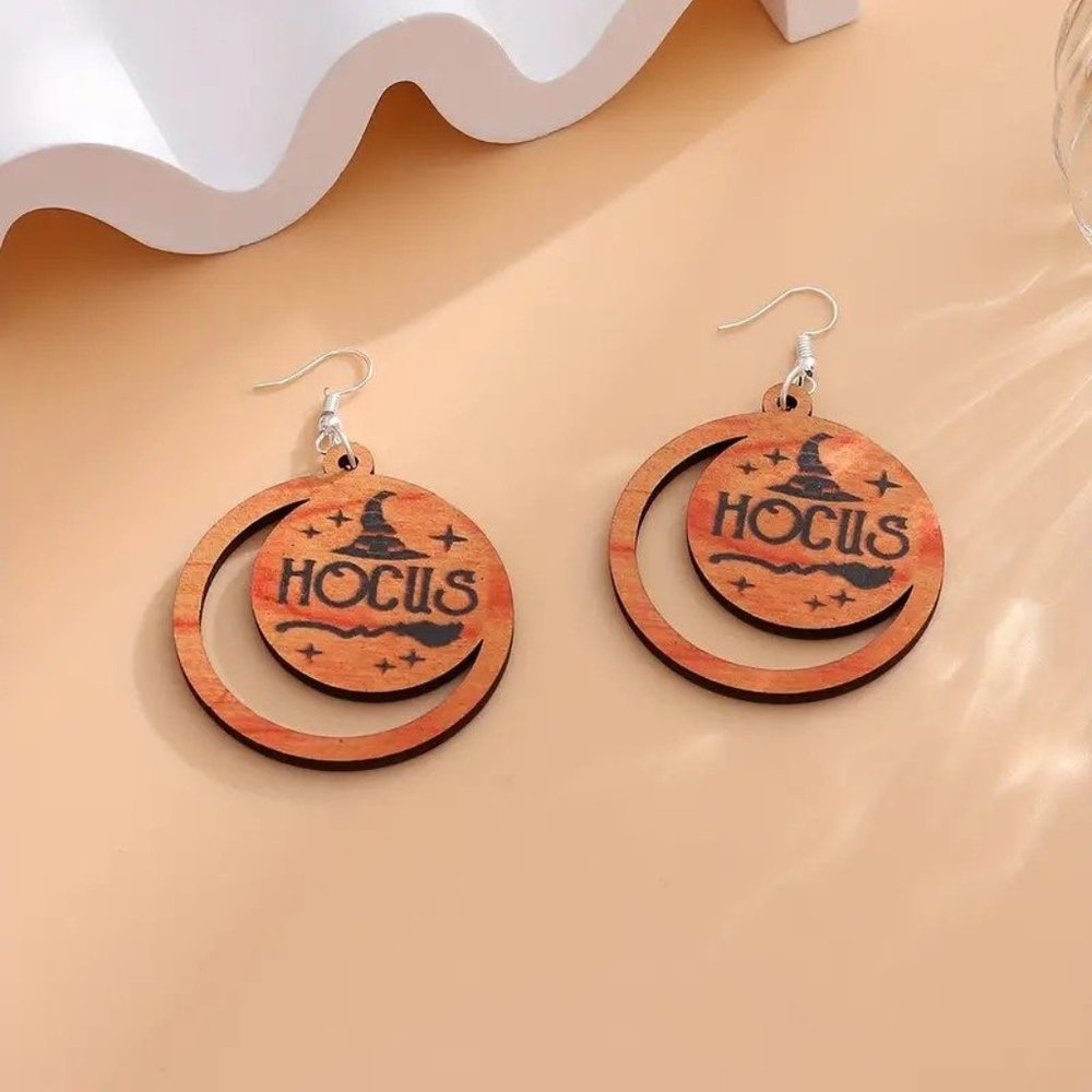 Halloween Witch Orange Wood Earrings 3 1/4" - Picture 5 of 6